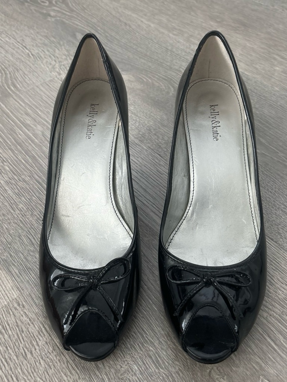 Kelly & Katie Black Patent Peep-Toe Heels with Bow